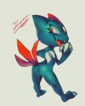 anthro breasts claws eyelashes female nintendo nude open_mouth pok&eacute;mon pok&eacute;mon_(species) red_eyes simple_background small_breasts smile sneasel solo tamanosuke video_games white_background 