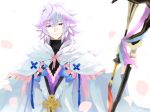  1boy ahoge bangs bishounen center_frills fate/grand_order fate_(series) flower flower_knot hair_between_eyes hair_ornament holding holding_staff holding_weapon hood hood_down hooded_robe licht0505 light_smile long_hair long_sleeves looking_at_viewer male_focus merlin_(fate) multicolored_hair petals pink_ribbon purple_eyes ribbon robe simple_background smile solo staff tassel turtleneck two-tone_hair upper_body very_long_hair weapon white_background white_hair white_robe wide_sleeves 