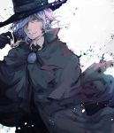  1boy aura black_cape black_gloves black_headwear black_jacket cape collared_shirt edmond_dantes_(fate/grand_order) electricity fate/grand_order fate_(series) formal gloves hat highres jacket long_sleeves looking_at_viewer male_focus medium_hair parted_lips shirt silver_hair simple_background solo suit white_background white_shirt wing_collar yamaru yellow_eyes 