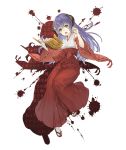  1girl :o book crossover detached_sleeves drop_shadow eyebrows_visible_through_hair full_body hanyuu higurashi_no_naku_koro_ni horns japanese_clothes ji_no looking_at_viewer miko official_art purple_eyes purple_hair sandals sinoalice solo transparent_background upper_teeth wide_sleeves 