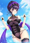  1girl abeen_jhong absurdres bangs bare_shoulders black_swimsuit breasts bridal_gauntlets cloud eyebrows_visible_through_hair fate/grand_order fate_(series) flower gloves hair_flower hair_ornament hair_up half_gloves highleg highleg_swimsuit highres in_water large_breasts looking_at_viewer murasaki_shikibu_(fate) murasaki_shikibu_(swimsuit_rider)_(fate) one-piece_swimsuit open_mouth purple_eyes purple_hair sidelocks sky swimsuit thighhighs thighs tied_hair water 