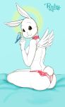  2020 absurd_res ambiguous_gender anthro anthro_focus avian beastars bird breasts butt choker clothed clothing domestic_rabbit duo fake_wings female female_focus feral fur halo haru_(beastars) hi_res humanoid_hands jewelry lagomorph leporid lingerie looking_at_viewer looking_back looking_back_at_viewer mammal necklace oryctolagus panties pinup pose rabbit rear_view red_clothing red_panties red_underwear rubykila side_boob sitting solo_focus topless underwear white_body white_fur 