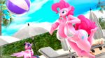  16:9 3d_(artwork) 4k absurd_res anthro anthrofied ball beach_ball big_breasts bikini breasts clothing digital_media_(artwork) equid female friendship_is_magic hasbro hi_res horn looking_back mammal my_little_pony outside pinkie_pie_(mlp) side-tie_bikini swimwear tongue tongue_out twilight_sparkle_(mlp) whiteskyline widescreen winged_unicorn wings 