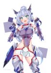  1girl android aqua_eyes blue_hair borrowed_character breasts clenched_hands covered_navel hair_bun highleg highres i.takashi large_breasts long_hair mecha_musume open_mouth original skin_tight solo tied_hair very_long_hair white_background 