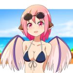  1girl alternate_costume arms_behind_back beach bikini bird_wings blue_sky blurry blurry_background breasts cato_(monocatienus) cleavage cloud collarbone commentary_request day eyewear_on_head feathered_wings front-tie_bikini front-tie_top large_breasts looking_at_viewer mystia_lorelei navy_blue_bikini ocean outdoors parted_lips pink_eyes pink_hair short_hair sky solo standing sunglasses swimsuit touhou upper_body wings 