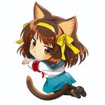  1girl animal_ears armband bangs black_legwear blue_sailor_collar blue_skirt blush bow brown_eyes brown_footwear brown_hair cat_ears cat_tail chibi closed_mouth commentary_request eyebrows_visible_through_hair frown full_body hair_bow hairband hotaru_iori kemonomimi_mode kita_high_school_uniform kneehighs long_hair looking_at_viewer looking_back red_armband sailor_collar school_uniform serafuku shirt shoes simple_background skirt solo suzumiya_haruhi suzumiya_haruhi_no_yuuutsu tail white_background white_shirt yellow_bow yellow_hairband 