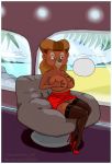  2020 anthro big_breasts black_nose bottomwear breasts brown_hair camel_toe clothed clothing disney dress female footwear hair hi_res legwear long_hair mammal mature_female panties rebecca_cunningham red_clothing shoes solo stockings talespin underwear ursid vylfgor 