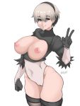  1girl asdfcobi blue_eyes breastless_clothes breasts breasts_outside cosplay eyebrows eyebrows_behind_hair fang highres juliet_sleeves leotard long_sleeves nier_(series) nier_automata nipples puffy_sleeves short_hair skin_fang smile smug thighs uzaki-chan_wa_asobitai! uzaki_hana white_background white_leotard yorha_no._2_type_b yorha_no._2_type_b_(cosplay) 