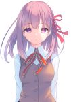  1girl bangs brown_vest collared_shirt dress_shirt eyebrows_visible_through_hair fate/stay_night fate_(series) hair_ribbon homurahara_academy_uniform long_hair looking_at_viewer matou_sakura miyanome neck_ribbon purple_eyes purple_hair red_ribbon ribbon shirt simple_background solo upper_body vest white_background white_shirt 