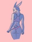  2020 3:4 anthro beastars bra butt cavahn clothed clothing domestic_rabbit female fur haru_(beastars) hi_res humanoid_hands lagomorph leporid looking_back mammal oryctolagus panties panty_pull pink_background portrait rabbit rear_view simple_background solo sports_bra standing three-quarter_portrait underwear underwear_only white_body white_fur 