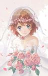  1girl bangs blue_eyes breasts bride brown_hair cleavage closed_mouth collarbone commentary dianwei_electro dress elbow_gloves english_commentary eyelashes flower gloves holding holding_flower looking_at_viewer petals pink_flower pokemon pokemon_(anime) pokemon_xy_(anime) serena_(pokemon) shiny shiny_hair short_hair smile solo veil white_dress 