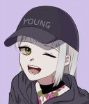  1girl black_choker chigusa_(fortnite) choker dahnjyt fortnite green_eyes grey_background grey_sweater happy hat highres long_hair looking_at_viewer open_mouth silver_hair simple_background smile solo sweater tattoo 