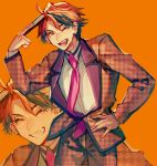  1boy ;d closed_eyes collared_shirt fang formal hand_on_hip holding holostars looking_at_viewer male_focus mebaru mole mole_under_eye multiple_views necktie one_eye_closed open_mouth orange_background orange_eyes orange_hair orange_theme pants red_neckwear shirt simple_background smile standing suit virtual_youtuber yukoku_roberu 