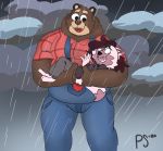  2020 anthro brown_body brown_fur cade_(the_human_heart) carrying clothing duo fur hi_res humanoid_hands male mammal overalls overweight overweight_male psychicsurge raining the_human_heart_(game) ursid video_games visual_novel 