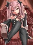  1girl bad_id bad_pixiv_id black_dress black_footwear black_sleeves boots cum cum_on_clothes cup detached_sleeves dress drinking_glass highres krul_tepes long_hair looking_at_viewer owari_no_seraph pink_hair red_eyes shi_qi_kuang_beng shoe_soles sitting solo thigh_boots thighhighs wine_glass 