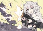  1girl :d ahoge animal_ear_fluff animal_ears bangs bare_shoulders black_jacket black_shirt blade_(galaxist) commentary_request crop_top ear_piercing eyebrows_visible_through_hair fangs firing fur-trimmed_jacket fur_trim grey_eyes grey_hair grey_pants gun hair_between_eyes holding holding_gun holding_weapon hololive jacket lion_ears midriff navel off_shoulder open_clothes open_jacket open_mouth pants piercing shirt shishiro_botan simple_background sleeveless sleeveless_shirt smile solo v-shaped_eyebrows virtual_youtuber weapon weapon_request yellow_background 