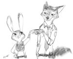  2016 anthro belt bottomwear buckteeth canid canine clothing disney duo female fist_bump fox fur gesture hi_res judy_hopps lagomorph leporid looking_at_another male mammal monochrome necktie nick_wilde nyamo❄︎ pants rabbit red_fox shirt signature simple_background smile teeth topwear white_background zootopia 