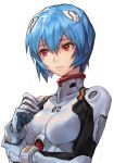  1girl ayanami_rei bangs blue_eyes bodysuit breasts closed_mouth covered_collarbone hair_ornament hands_up hankuri interface_headset lips long_sleeves medium_breasts neon_genesis_evangelion plugsuit red_eyes short_hair simple_background skin_tight solo turtleneck upper_body white_background white_bodysuit 