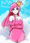  1girl breasts cloud cloudy_sky dress elbow_gloves fall_guy fall_guys gloves grey_eyes humanization long_hair mario_(series) new_super_mario_bros._u_deluxe pale_skin pink_gloves pink_hair ravenide signature sky super_crown thighhighs thighs zettai_ryouiki 