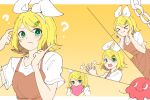  &gt;_&lt; 1girl ? beads beruna0612 blonde_hair blush bow brown_dress closed_eyes confused dress hair_beads hair_bow hair_ornament hands_on_own_cheeks hands_on_own_face hands_together heart holding holding_heart index_finger_raised kagamine_rin looking_at_viewer multiple_views open_mouth paper_chain scratching_head shirt short_sleeves smile solo tell_me_answer_(vocaloid) vocaloid white_bow white_shirt yellow_background 