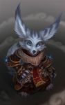  2020 anthro blizzard_entertainment blue_eyes canid cheek_tuft clothed clothing ear_tuft facial_tuft full-length_portrait fully_clothed fur grey_body grey_fur high-angle_view looking_at_viewer male mammal milkwyvern portrait robe solo standing tuft video_games vulpera warcraft 