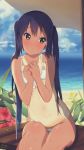 1girl absurdres beach bench bikini black_hair blue_sky blurry brown_eyes cloud collarbone commentary_request day depth_of_field flat_chest flower hands_on_own_chest hibiscus highres horizon huge_filesize k-on! long_hair looking_to_the_side motchi001 nakano_azusa ocean one-piece_tan outdoors sitting sky solo swimsuit tan tanline twintails white_bikini 