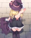  1girl all_fours ass ass_focus back black_dress black_headwear black_legwear blonde_hair bow brick_floor cape dress from_above gloves hat highres holding holding_clothes holding_hat little_witch_nobeta long_hair maki_(natoriumu) nobeta solo thighhighs thighs very_long_hair white_gloves witch_hat 