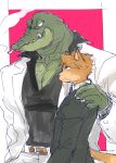  anthro canid canine canis cigarette claws clothing crocodile crocodilian crocodylid domestic_dog duo hand_on_shoulder kyur4_th_ich male male/male mammal reptile scalie size_difference sketch smoking suit 