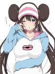  1girl bangs blue_eyes blush breasts brown_hair commentary_request double_bun eyebrows_visible_through_hair hair_tie hand_up highres hood hood_down hoodie long_hair long_sleeves mei_(pokemon) nishikino_kee one_eye_closed open_mouth pokemon pokemon_(game) pokemon_bw2 raglan_sleeves sleeves_past_wrists solo tied_hair twintails two-tone_headwear very_long_hair visor_cap white_background 