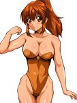  1girl breasts brown_eyes brown_hair choker cleavage closed_mouth collarbone covered_navel cowboy_shot curvy highleg highleg_leotard highres inaba_(tensai21) large_breasts leotard long_hair looking_at_viewer orange_leotard orange_neckwear original ponytail shiny shiny_skin sidelocks simple_background smile solo standing strapless strapless_leotard thighs white_background 