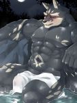  2020 3:4 anthro barazoku bathing black_body bulge canid canine canis domestic_dog eyes_closed hi_res kemono kumao male mammal muscular muscular_anthro muscular_male night nipples outside pecs solo towel water 
