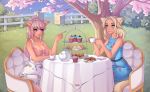  2girls absurdres animal_ears artist_name bare_arms bare_shoulders blonde_hair blue_dress blue_eyes blurry blurry_background breasts cat_ears cat_girl cat_tail chair cherry_blossoms cleavage collarbone commentary cup cupcake dark_skin dress eye_contact eyebrows_visible_through_hair facial_mark final_fantasy final_fantasy_xiv floral_print food from_side hand_on_own_arm highres holding holding_cup holding_spoon large_breasts long_hair looking_at_another medium_breasts miqo&#039;te multiple_girls open_mouth outdoors petals pink_hair plate ponytail print_dress sandwich shellvi sitting sleeveless sleeveless_dress smile spoon table tail tea teacup teapot tree upper_teeth whisker_markings 