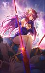  1girl armpits breasts cleavage commentary_request corpse dress elbow_gloves fate/grand_order fate_(series) fingerless_gloves gae_bolg gloves highres looking_at_viewer polearm scathach_(fate)_(all) scathach_(fate/grand_order) smile solo spear surui888666 thighs weapon 