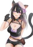 1girl animal_ears bangs bare_shoulders belt_pouch black_gloves black_hair black_shorts bow breasts cat_girl cat_tail cleavage crop_top earrings fang gloves hair_between_eyes hair_bow hand_up hat jewelry large_breasts lloule long_hair looking_at_viewer midriff open_mouth original pouch purple_bow purple_eyes ribbon see-through short_shorts short_sleeves shorts simple_background smile solo tail thighs white_background 
