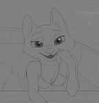  2020 anthro arctic_fox bikini boat breasts canid canine cheek_tuft chest_tuft clothing disney facial_tuft female fox fur looking_at_viewer mammal monochrome open_mouth open_smile outside sea skye_(zootopia) smile solo swimwear tggeko tuft vehicle water watercraft zootopia 