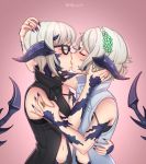  2girls au_ra bangs bare_arms bare_shoulders black_jacket blue_jacket blush bracelet braid closed_eyes commentary dragon_horns dragon_tail final_fantasy final_fantasy_xiv flower from_side glasses gradient gradient_background grey_hair hair_flower hair_ornament hand_in_another&#039;s_hair hand_on_another&#039;s_back hand_on_another&#039;s_head hand_on_another&#039;s_shoulder highres horns hug jacket jewelry kiss multiple_girls nail_polish navel pink_background purple_nails ring scales shellvi short_hair stomach tail upper_body yuri 