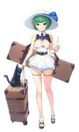  1girl bangs belt blue_eyes blush breasts bubble_tea cat cleavage cleavage_cutout cup disposable_cup dress drink drinking_straw ett eyebrows_visible_through_hair full_body green_hair hat highres last_origin sandals short_dress short_hair suitcase sun_hat tea transparent_background vanilla_a1 white_dress 