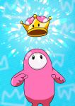  1other absurdres aqua_background arms_at_sides english_commentary fall_guy fall_guys glitter highres looking_up mario_(series) new_super_mario_bros._u_deluxe no_humans no_mouth other_focus pink_suit ravenide shiny solo super_crown |_| 