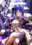  1girl absurdres arknights blue_eyes blue_hair breasts crossed_legs halo highres holding holding_staff light_smile looking_at_viewer medium_breasts mostima_(arknights) philosophia sitting solo staff 