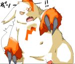  anthro belly cute_fangs fur genitals japanese_text kemono male nintendo orange_body orange_fur overweight overweight_anthro overweight_male penis pok&eacute;mon pok&eacute;mon_(species) sigenoya simple_background solo takosen takotyutyu text video_games white_background white_body white_fur zangoose 