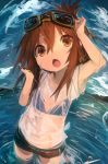  1girl absurdres alternate_costume bangs bikini bikini_top black_shorts brown_eyes brown_hair cloud day folded_ponytail goggles goggles_on_head hair_between_eyes highres inazuma_(kantai_collection) kaamin_(mariarose753) kantai_collection outdoors partially_submerged ponytail see-through shirt short_sleeves shorts sky solo sparkle swimsuit water wet wet_clothes white_shirt 
