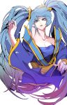  1girl bare_shoulders black_nails blue_eyes blue_hair breasts cleavage collarbone fingernails hair_between_eyes league_of_legends long_hair long_sleeves nan_na parted_lips pink_lips simple_background solo sona_buvelle twintails white_background wide_sleeves 