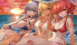  3girls ;d bare_legs bikini blonde_hair breasts cleavage green_eyes grey_hair hat heterochromia highres hololive horizon houshou_marine large_breasts multiple_girls navel ocean one_eye_closed open_mouth pointy_ears red_bikini red_eyes reflection sanada_keisui see-through shiranui_flare shirogane_noel short_hair smile straw_hat sunset swimsuit twintails white_bikini yellow_eyes 