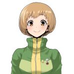  1girl blush brown_eyes brown_hair highres jacket kurosususu looking_at_viewer persona persona_4 satonaka_chie short_hair smile solo tomboy track_jacket 