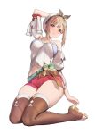  1girl absurdres arm_up atelier_(series) atelier_ryza bare_shoulders belt blush boots breasts brown_belt brown_eyes brown_hair commentary flask hair_ornament hairclip highres jewelry large_breasts leather_belt midriff navel necklace red_shorts reisalin_stout risa_(pixiv23908854) round-bottom_flask short_shorts shorts solo thick_thighs thigh_boots thighhighs thighs vial 
