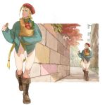  1girl alley bag beret blonde_hair boots braid bread cammy_white cat commentary_request food green_leotard grocery_bag hat holding holding_bag holding_food jacket leotard long_hair looking_up outdoors paper_bag scar shopping_bag signpost smile solo sora-bakabon stone_wall street_fighter street_fighter_v tomato tree twin_braids wall 