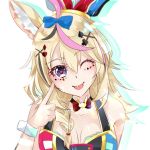  1girl ;p airani_iofifteen_(artist) animal_ears arm_strap bare_shoulders blonde_haplayir bow braid collarbone facial_mark finger_to_mouth fox_ears hair_between_eyes hair_ornament hairclip hat heart heart-shaped_pupils hololive jester_cap multicolored_hair omaru_polka one_eye_closed pink_hair playing_card_theme purple_eyes solo symbol-shaped_pupils tongue tongue_out virtual_youtuber white_background 
