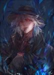  black_gloves blue_fire character_name collared_jacket collared_shirt edmond_dantes_(fate/grand_order) fate/grand_order fate_(series) fire gloves green_headwear green_jacket hair_between_eyes hat jacket long_sleeves looking_at_viewer medium_hair parted_lips shirt silver_hair snnoa_ha upper_body white_hair white_shirt yellow_eyes 