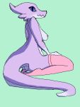  3:4 anthro breasts butt clothed clothing digital_drawing_(artwork) digital_media_(artwork) female hi_res kobold legwear long_tail looking_aside looking_at_viewer multicolored_body multicolored_scales nipples ollicantskate partially_clothed pinup pose scales scalie simple_background sitting smile solo thigh_highs 