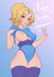  1girl absurdres blonde_hair blue_background blue_eyes blue_legwear blue_shirt blush breasts clothing_request collarbone commentary covered_nipples cowboy_shot crystal_maiden defense_of_the_ancients dota_2 english_commentary english_text forehead_jewel gem gradient gradient_background groin happy_birthday high_ponytail highleg highres large_breasts lips long_hair looking_at_viewer navel nipples one_breast_out parted_lips pink_background ponytail shellvi shirt skindentation smile solo teeth thighhighs thighs v 